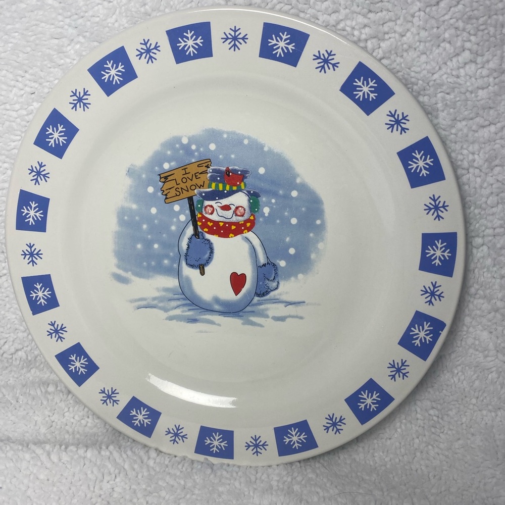 “I Love Snow” Snowman with Heart and Cardinal on Hat Stoneware Plate
